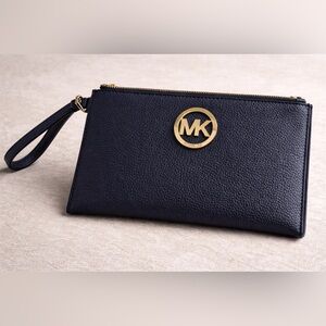 Michael Kors Dark Blue Clutch with Gold Emblem